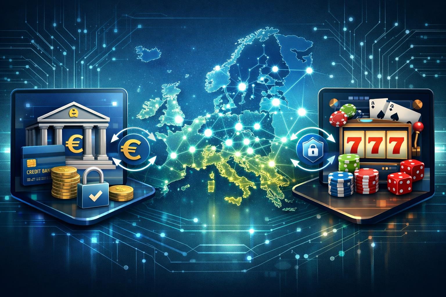 A Digital Illustration Showing A Map Of Europe Connected By Nodes, With Symbols Of Banking And Online Payments Linking To An Online Casino Platform, Representing Secure And Seamless Transactions Across Countries.