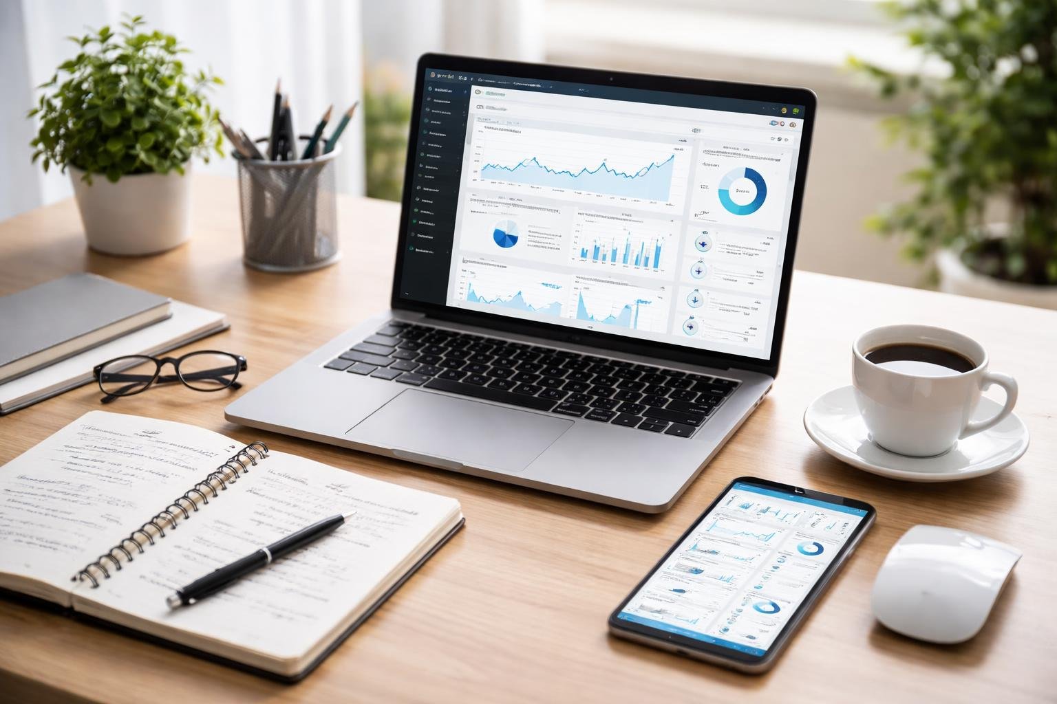 Ein moderner Arbeitsplatz mit einem Laptop, der ein WordPress-Dashboard zeigt, umgeben von Notizbuch, Smartphone und Kaffeetasse.