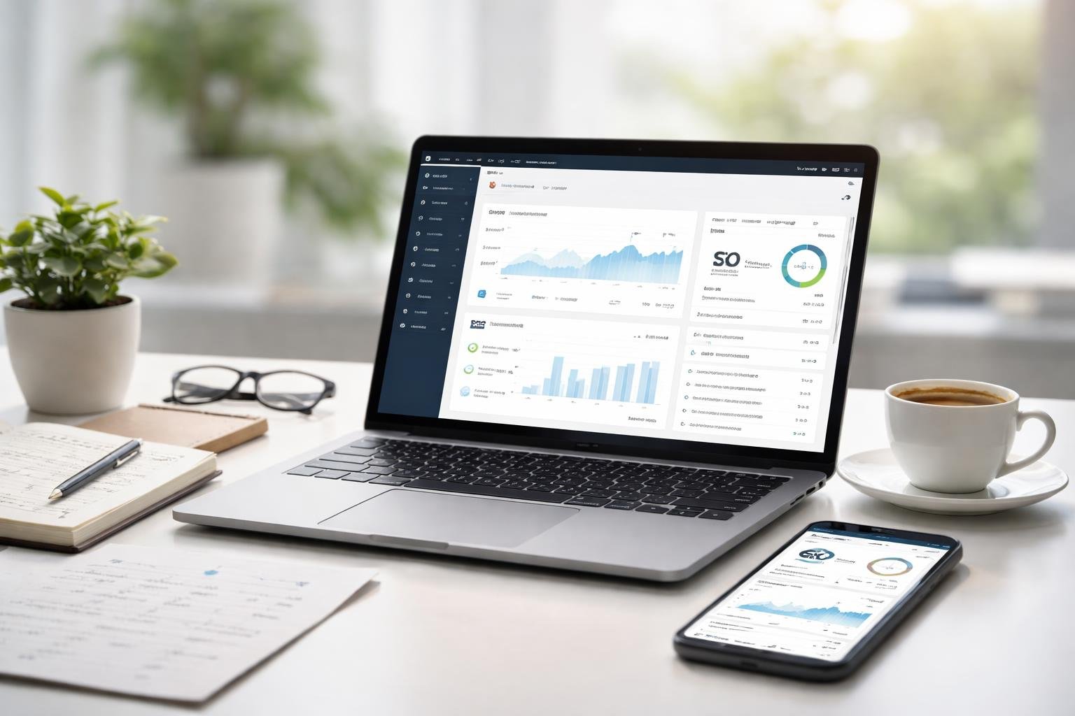 Ein moderner Arbeitsplatz mit einem Laptop, der eine WordPress-Oberfl&auml;che mit SEO-Daten zeigt, umgeben von Notizen, einem Smartphone und einer Kaffeetasse.