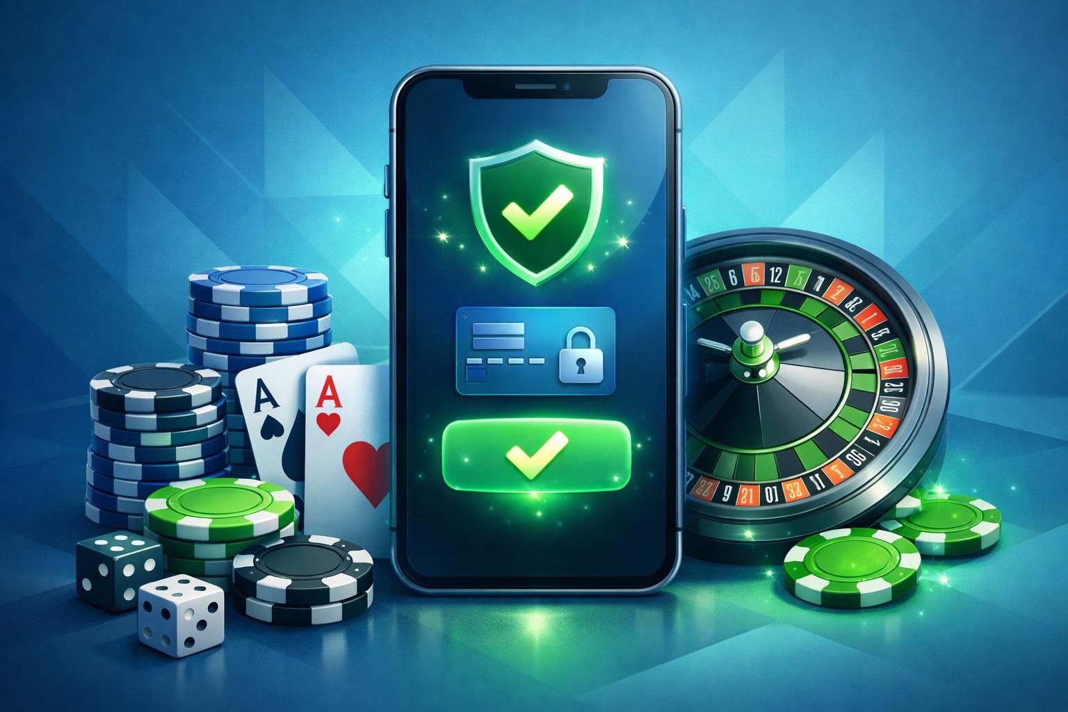 A Smartphone Showing A Secure Payment Interface Surrounded By Poker Chips, Playing Cards, And A Roulette Wheel Representing Casino Payment.