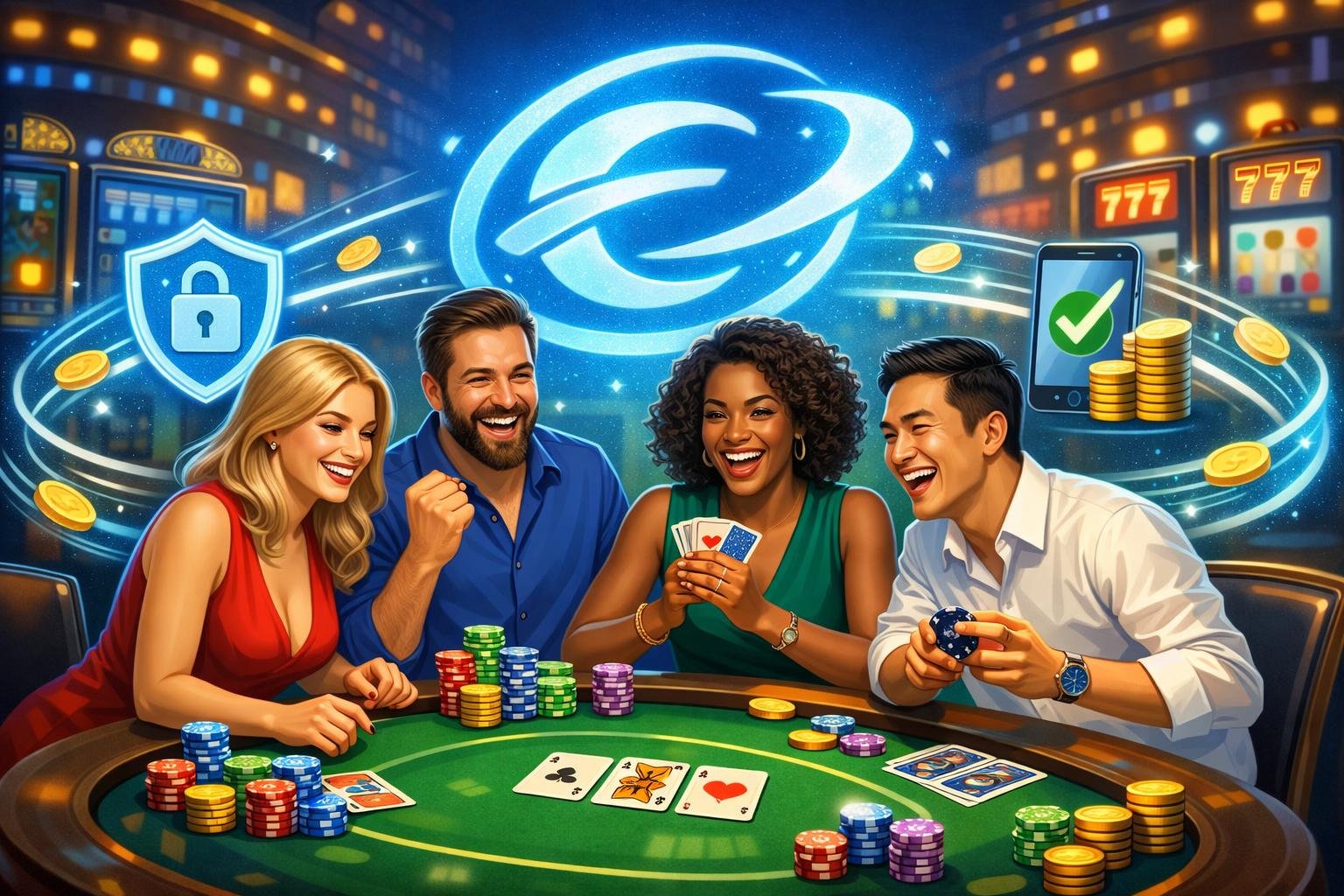 A Group Of Happy Casino Players Enjoying A Game With Symbols Representing Fast, Secure, And Convenient Payments In A Modern Casino Setting.