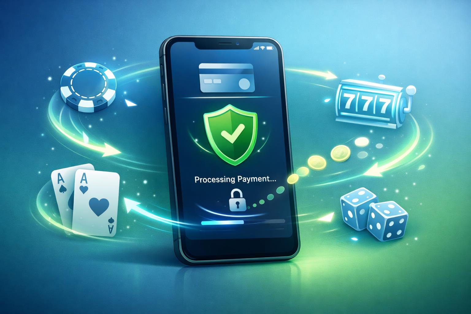 A Smartphone Displaying A Secure Digital Wallet With Icons Of Poker Chips, Playing Cards, And Slot Machines Around It, Illustrating A Safe Casino Payment Method.