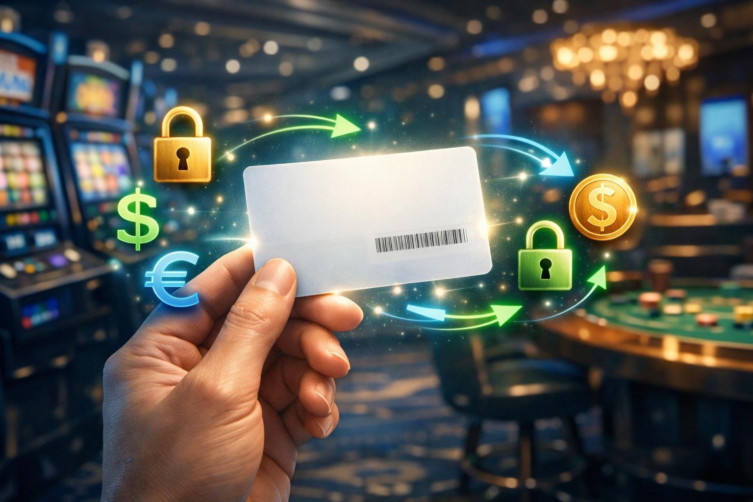 A Hand Holding A Glowing Payment Voucher With Casino Slot Machines And Tables In The Background, Surrounded By Digital Icons Representing Secure And Fast Transactions.