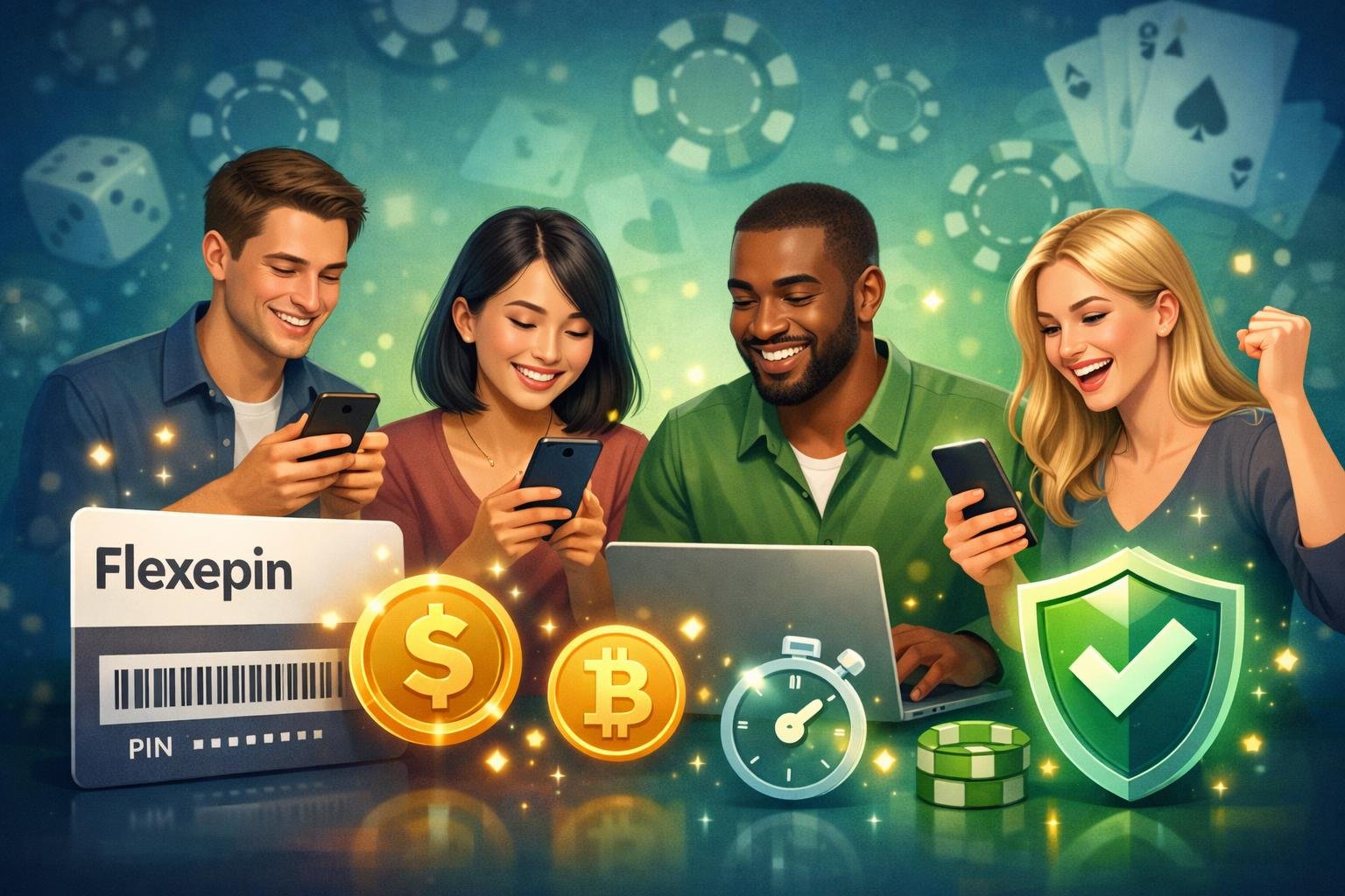 A Group Of Happy Casino Players Using Digital Devices With Icons Representing Secure And Fast Payments And A Flexepin Card In The Background.