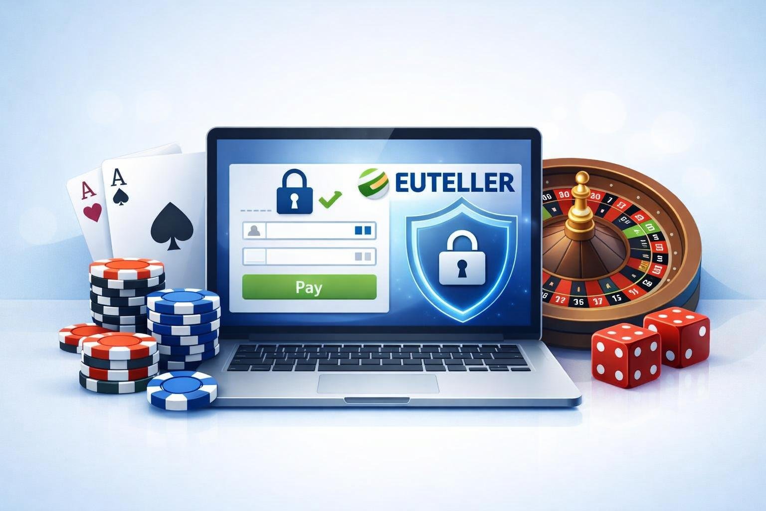 A Laptop Displaying A Secure Online Payment Interface Surrounded By Poker Chips, Playing Cards, And A Roulette Wheel.