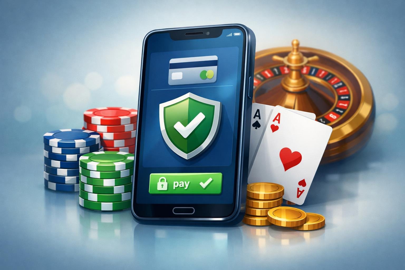 A Smartphone Showing A Secure Payment Screen Surrounded By Casino Elements Like Poker Chips, Playing Cards, And A Roulette Wheel.