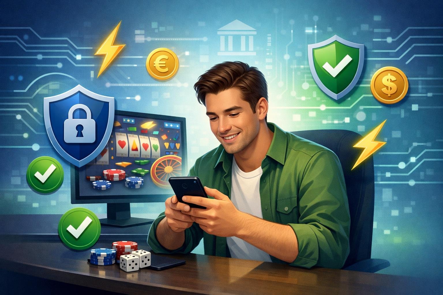 A Player Using A Computer With Icons Representing Secure, Fast, And Convenient Online Casino Payments Surrounding Them.