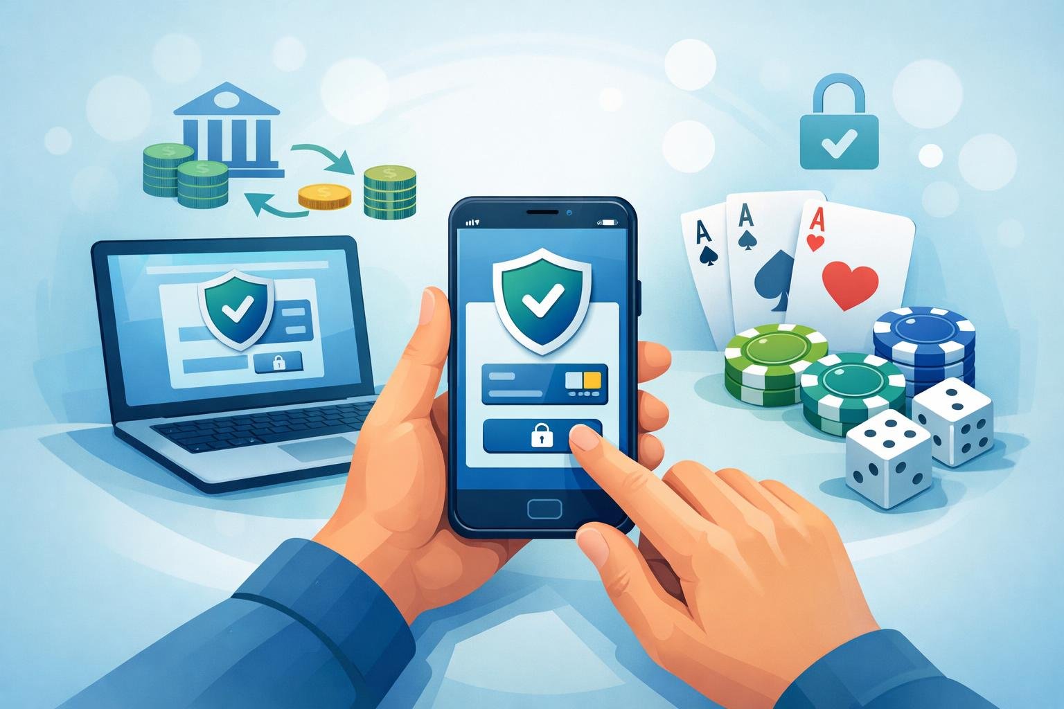 A Person Using A Smartphone With Icons Of Online Banking, Money Transfer, And Casino Chips Around It, Representing A Secure Payment Process.