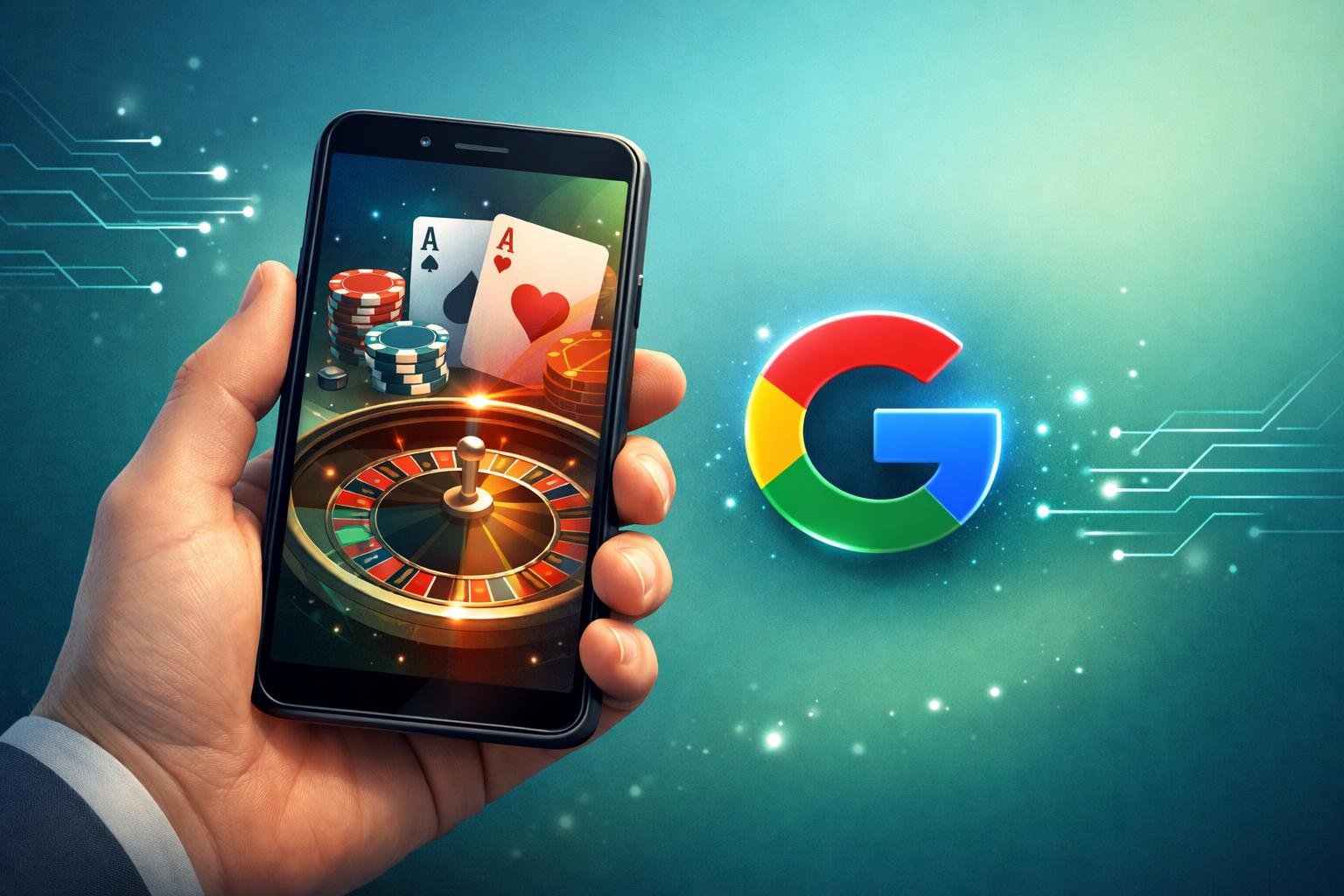 A Hand Holding A Smartphone Showing Casino Elements Like Poker Chips And Cards With A Glowing Google Pay Icon Nearby, Representing Online Casino Payments.