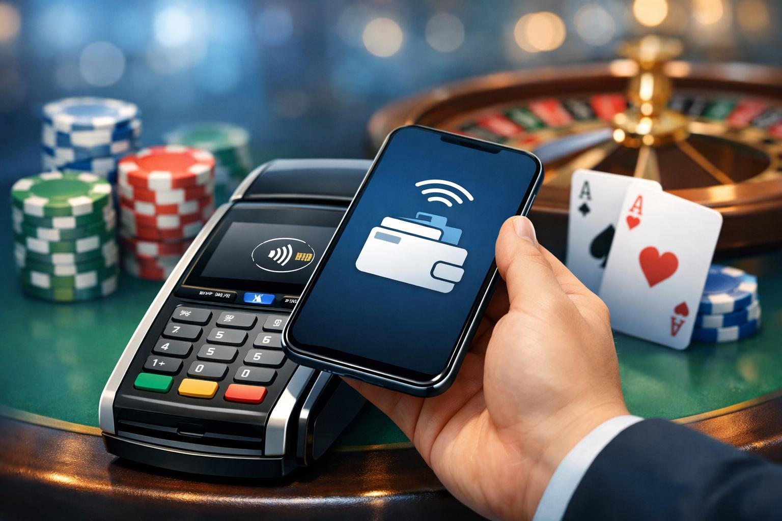 A Person Holding A Smartphone Near A Payment Terminal In A Casino Setting With Poker Chips And Playing Cards Nearby.