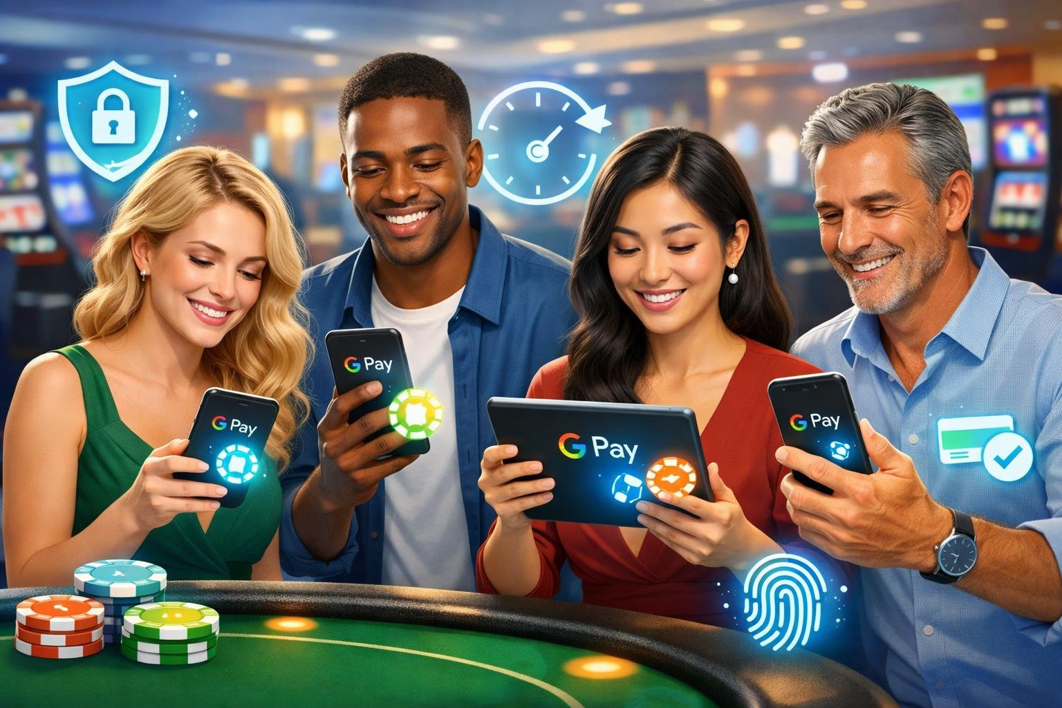 A Group Of Diverse Casino Players Using Smartphones And Tablets With Glowing Payment Icons, Surrounded By A Modern Casino Setting.