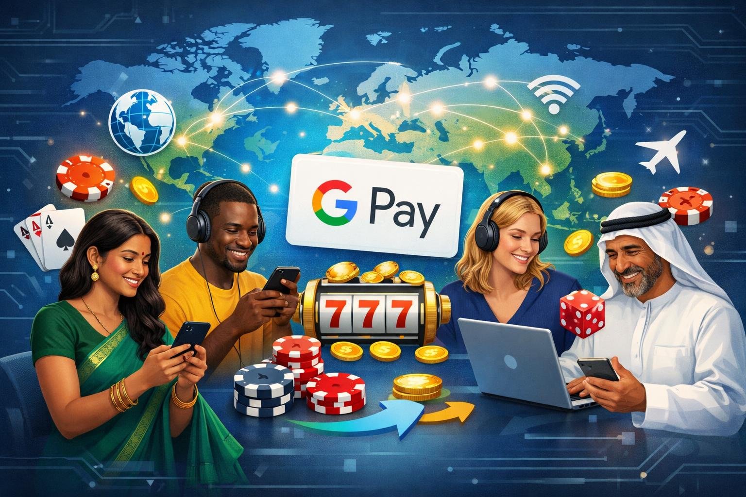 People From Diverse Backgrounds Using Digital Devices With Icons Of Google Pay, Casino Elements, And A Connected World Map In The Background.