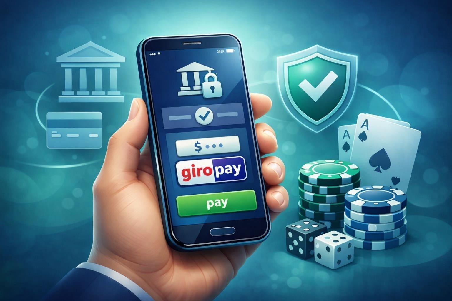 A Hand Holding A Smartphone Showing A Secure Online Casino Payment Transaction With Icons Representing Banking, Security, And Casino Elements In The Background.