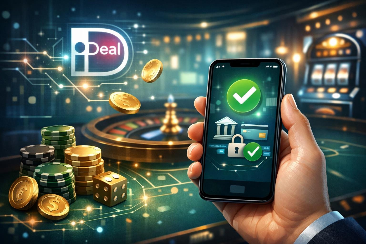 A Hand Holding A Smartphone Showing A Payment Confirmation In A Modern Casino Setting With Digital And Currency Symbols Around.