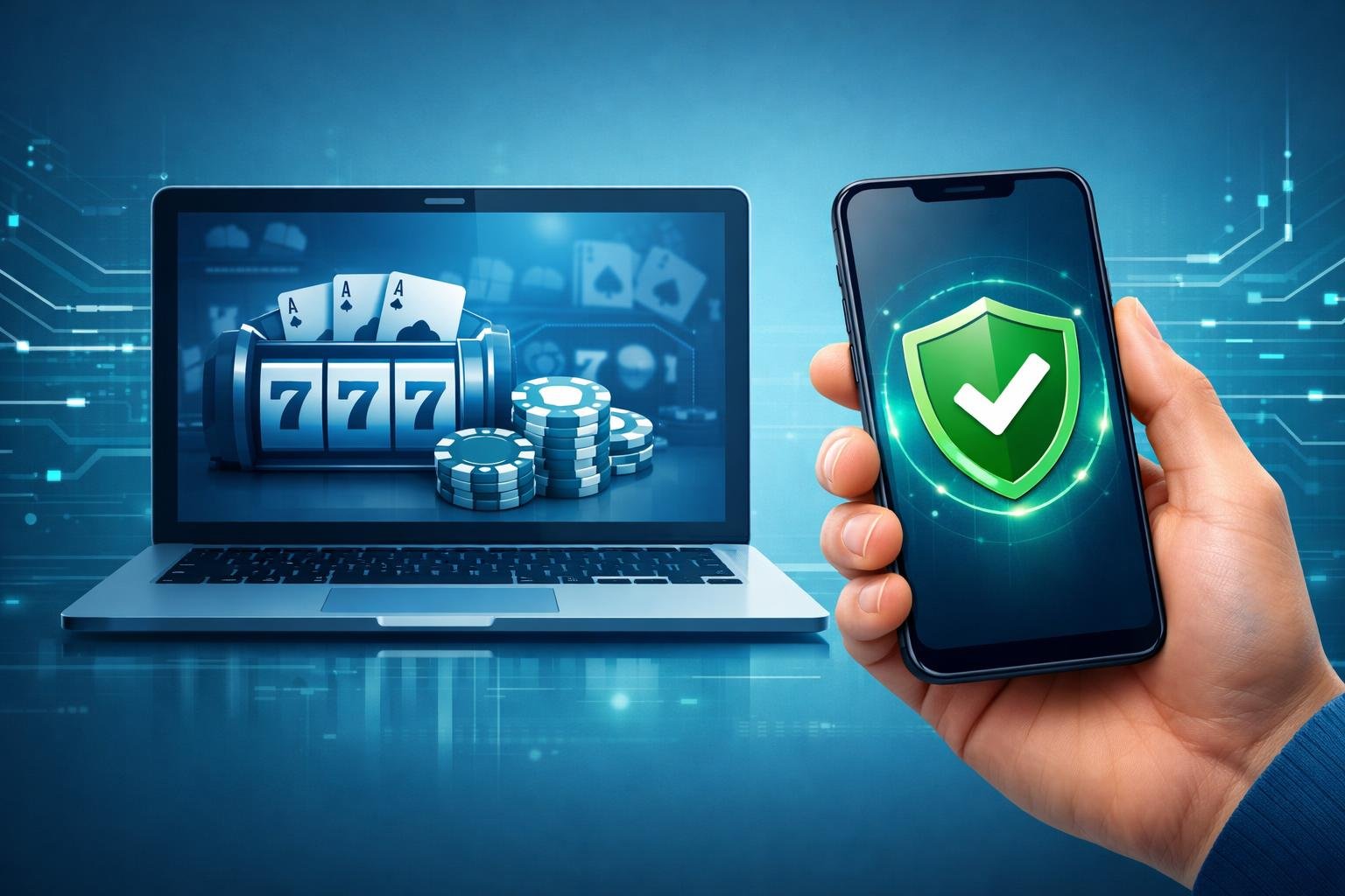 A Hand Holding A Smartphone Showing A Secure Payment Confirmation Next To A Laptop Displaying A Casino Interface With Playing Cards And Chips.