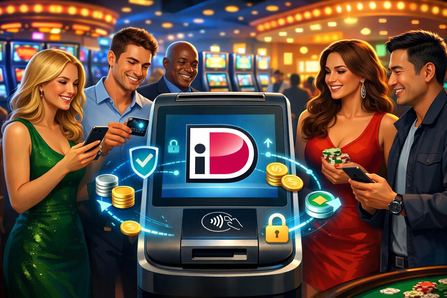 A Group Of People Using A Digital Payment Terminal In A Casino With Slot Machines And Poker Tables In The Background.