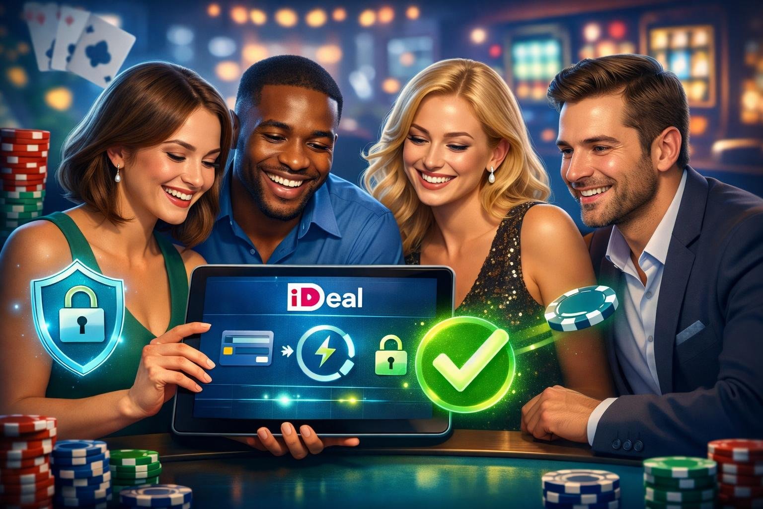 A Group Of Happy Casino Players Using A Digital Device To Make A Secure Payment With Casino Elements Like Poker Chips And Cards In The Background.
