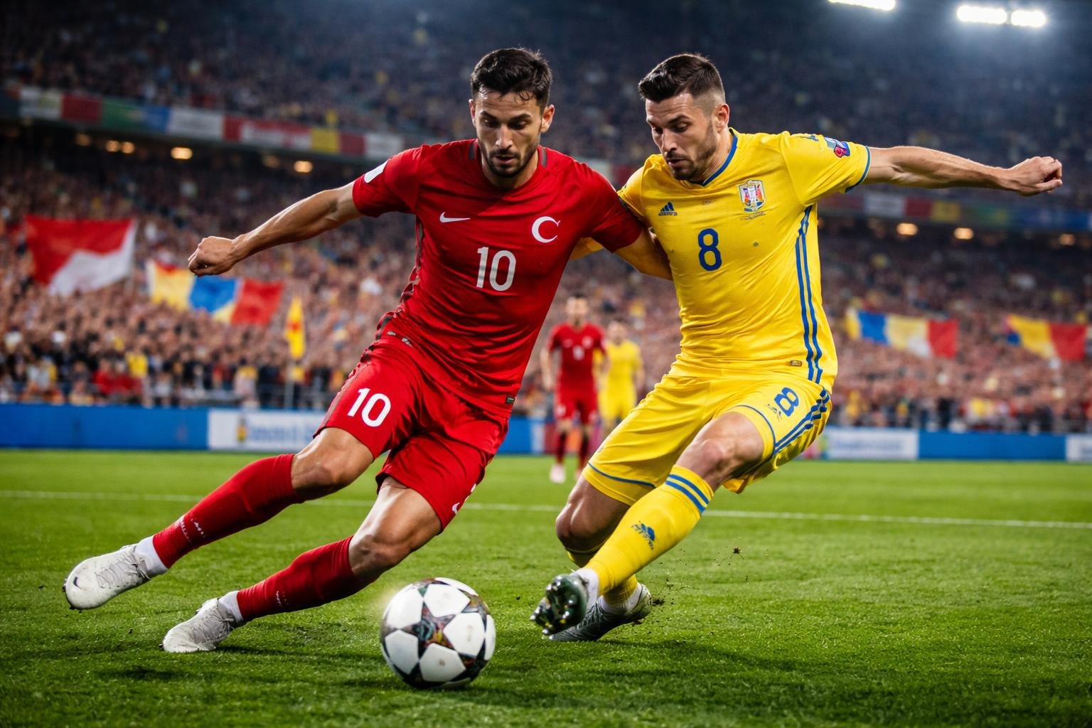 Türkiye ve Romanya milli takımları arasında bir Dünya Kupası eleme maçında, iki futbolcunun sahada top için mücadele ettiği bir an.