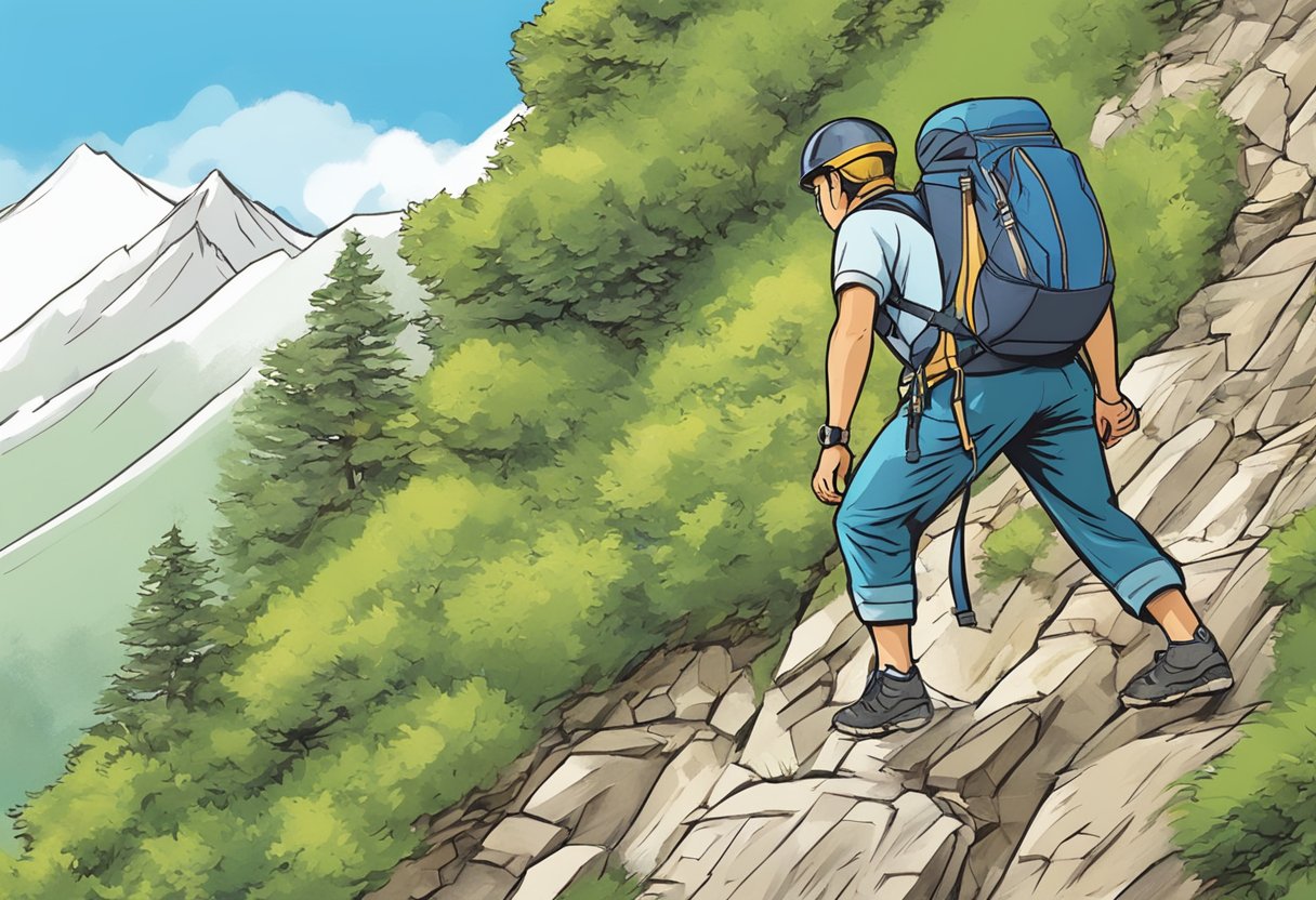 A digital illustration or a male hiking on a hillside in the mountains.