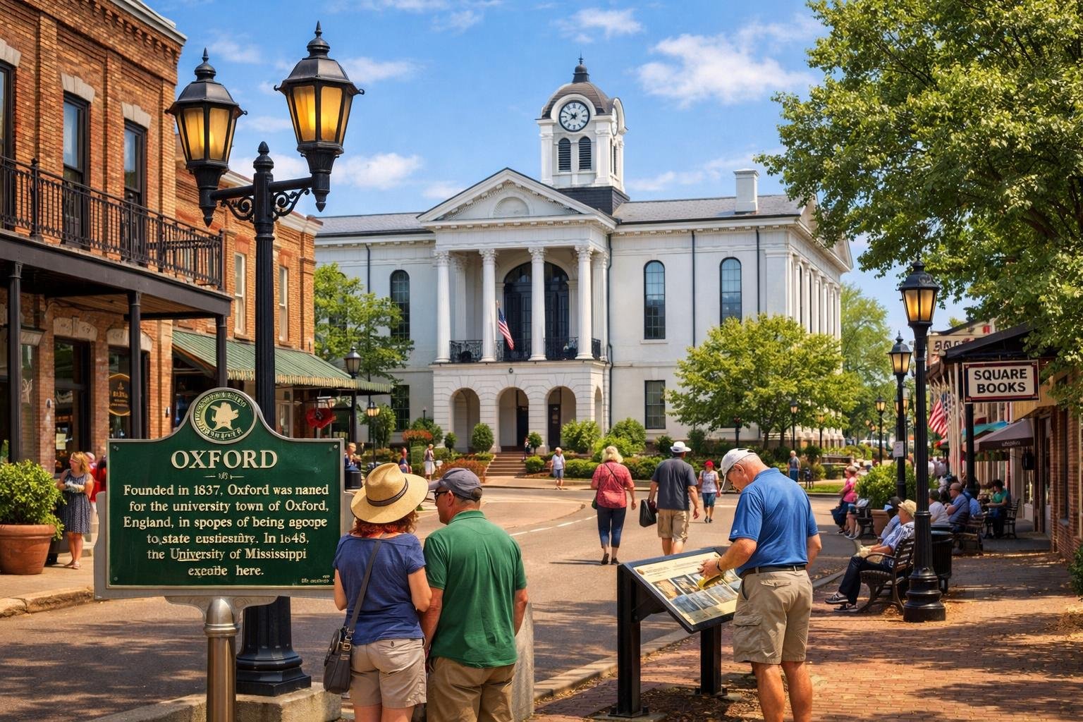 People walking along a tree-lined street with historic brick buildings and a courthouse in the background on a sunny day.