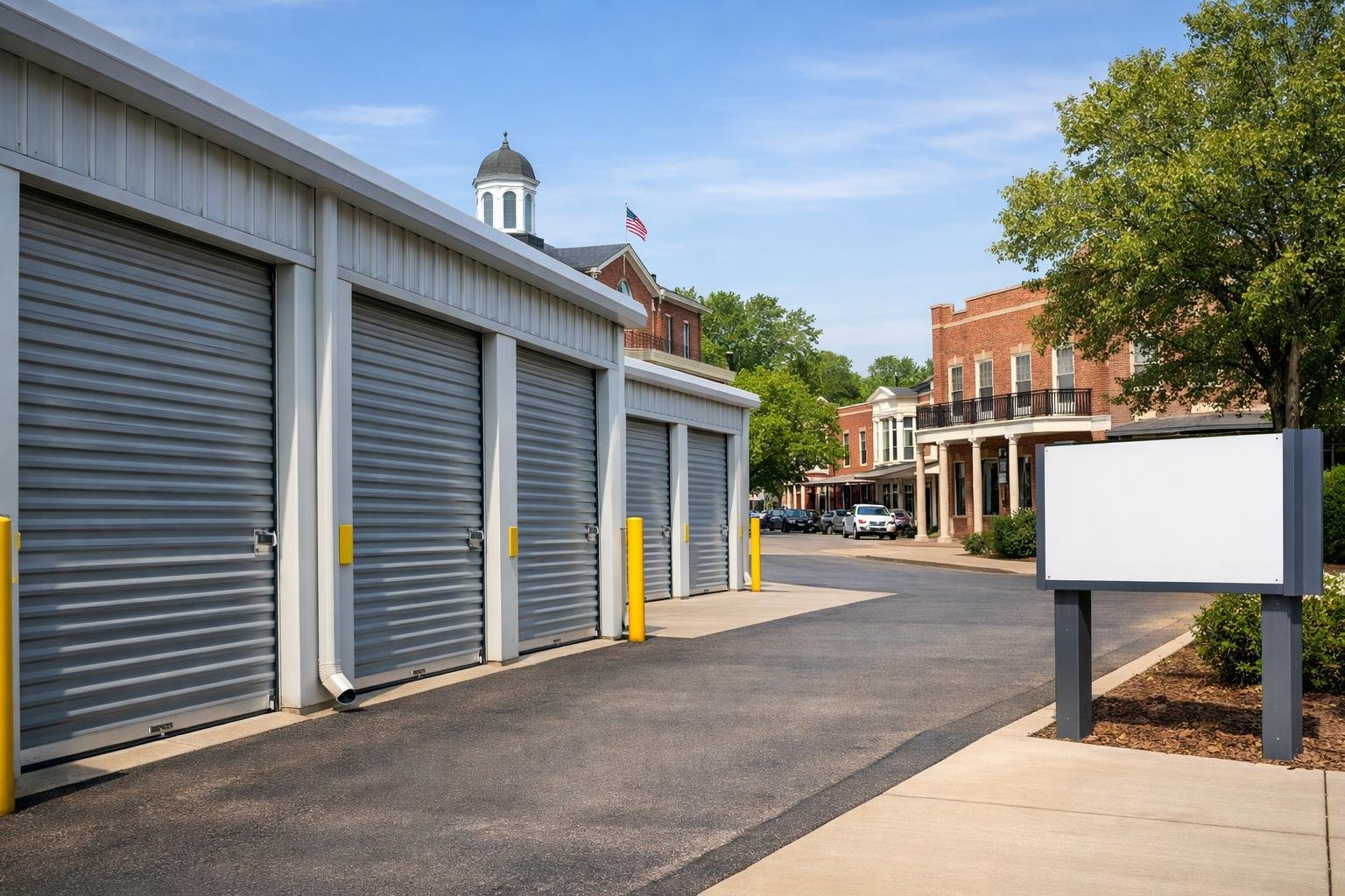 A row of clean storage units with roll-up doors in a sunny outdoor setting, with historic brick buildings and trees visible in the background.