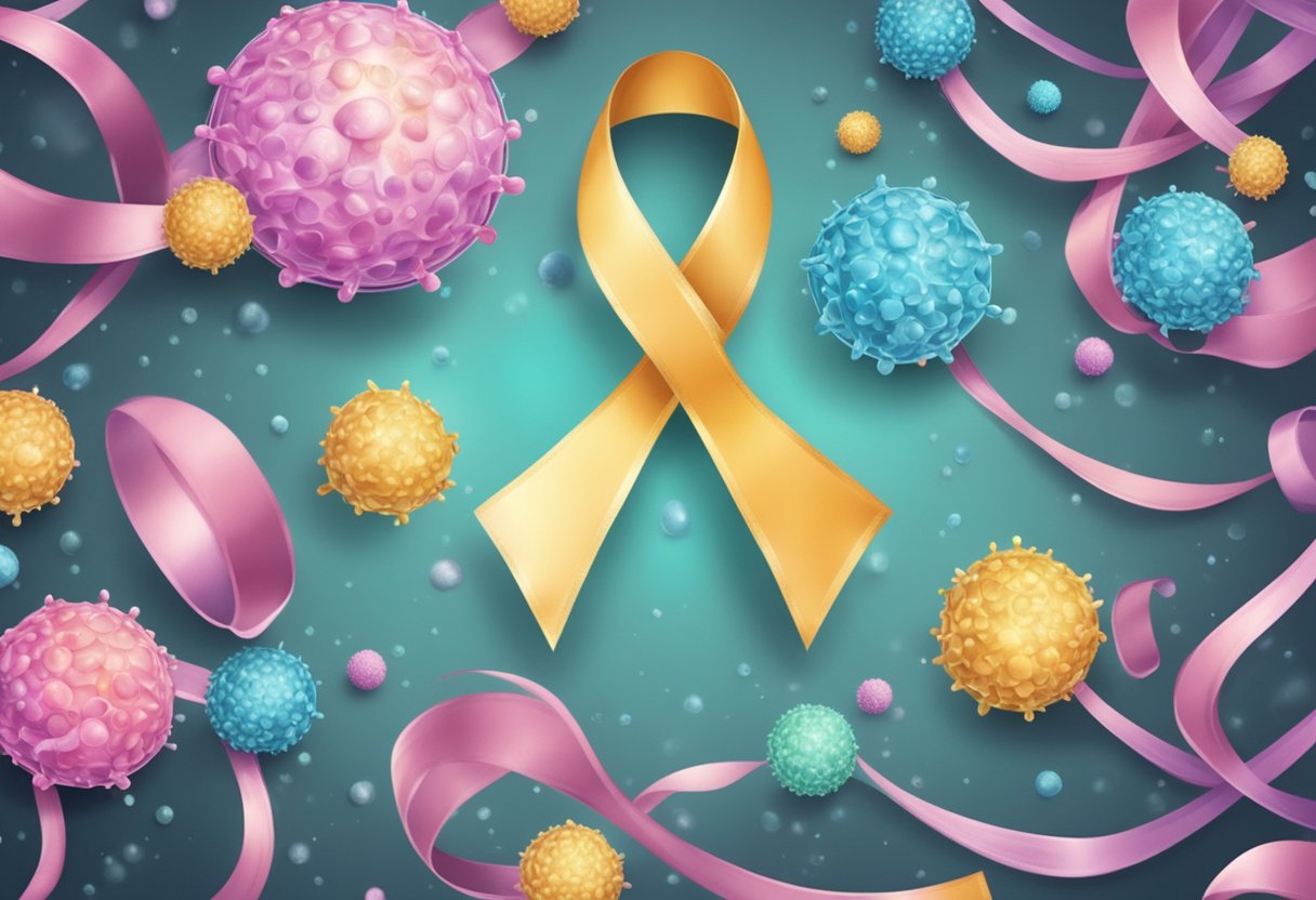 A digital illustration of ribbons, decretive balls and a yellow cancer ribbon in the middle on a turquoises background