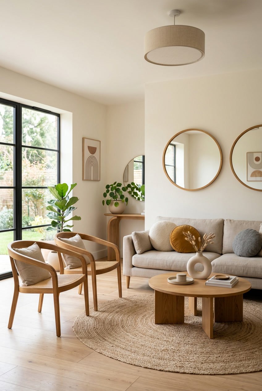 Ein modernes Wohnzimmer mit wiederholten geometrischen Formen in Möbeln und Dekorationen, hell beleuchtet und gemütlich eingerichtet.