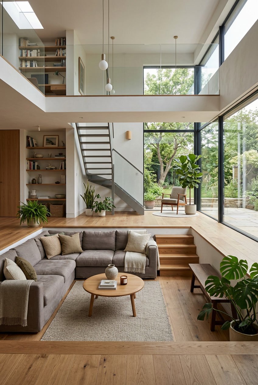 Mehrstöckiger Wohnraum mit verschiedenen Ebenen, gemütlichen Sitzbereichen und Pflanzen, der Harmonie und Ausgeglichenheit ausstrahlt.