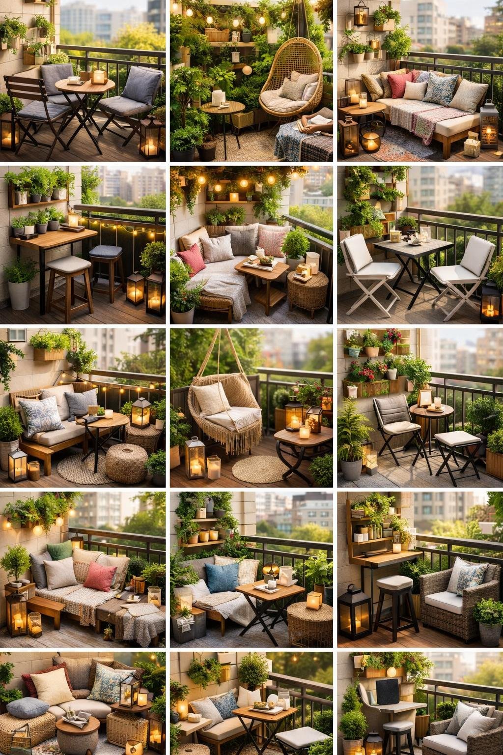 Verschiedene kleine Balkone mit Pflanzen, Sitzgelegenheiten und Dekorationen in einem urbanen Umfeld.