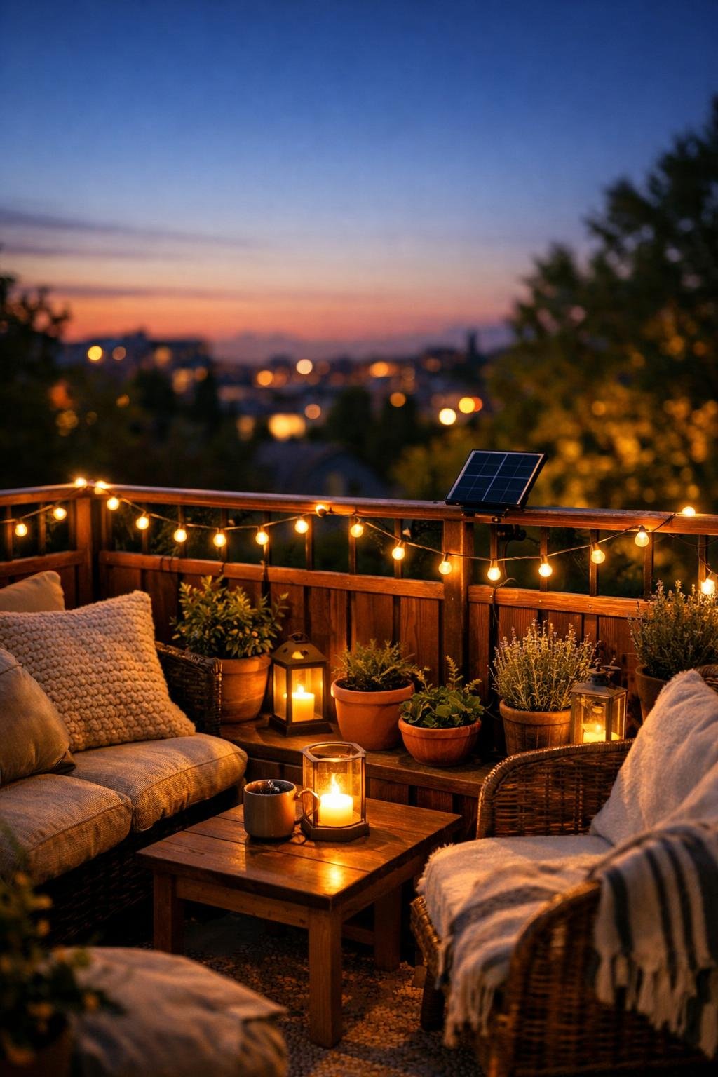 Balkon am Abend mit solarbetriebenen Lichterketten und Pflanzen, stimmungsvolle Beleuchtung.