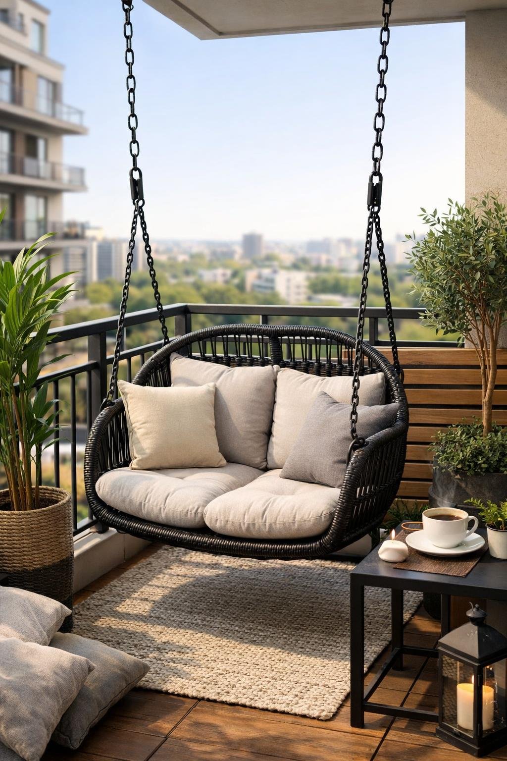 Kleiner Balkon mit einem platzsparenden Mini-Doppelhängesessel, umgeben von Pflanzen und einem kleinen Tisch.