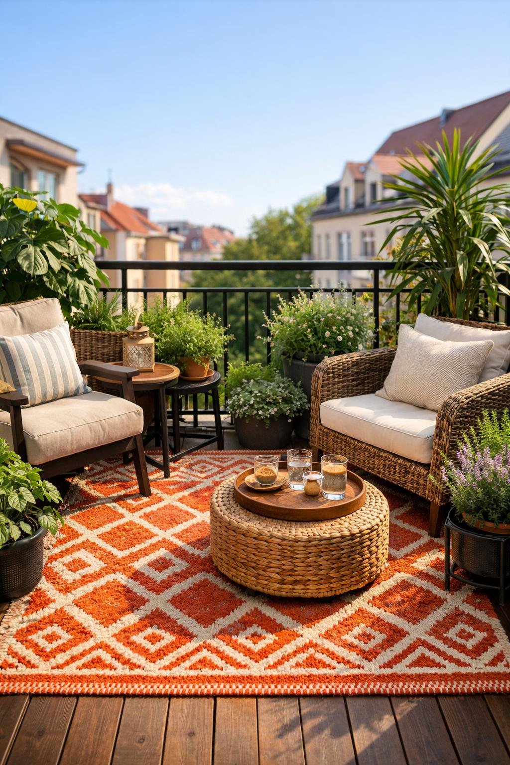 Kleiner Balkon mit wetterfesten Outdoor-Teppichen, Pflanzen und gemütlichen Sitzgelegenheiten.