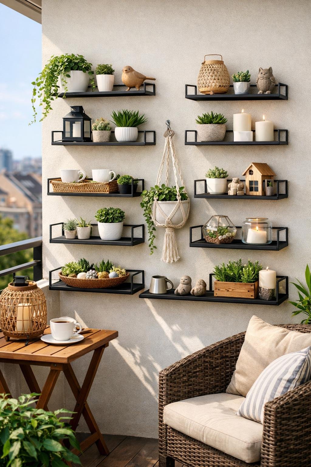 Metall-Wandregale mit Pflanzen und Dekoration auf einem kleinen Balkon.