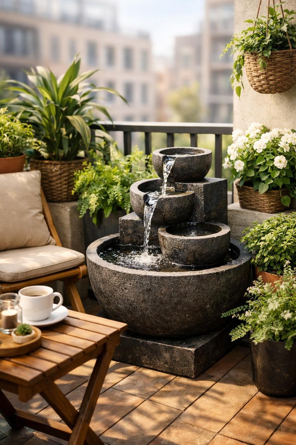 Kleiner Balkon mit einer kleinen Wasserfontäne, Pflanzen und gemütlichen Sitzmöbeln.