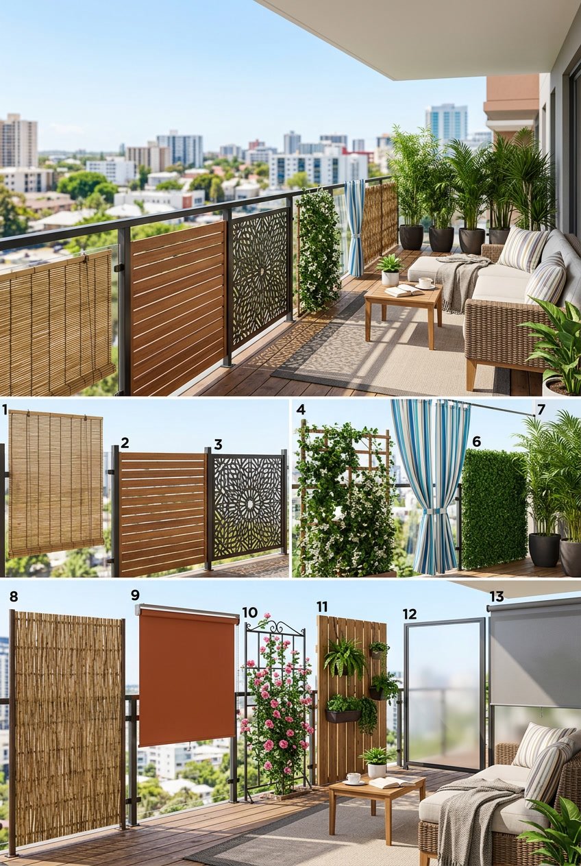 Balkon mit dreizehn verschiedenen Sichtschutzlösungen wie Bambus, Holzlatten, Glas, Pflanzen und Vorhängen.