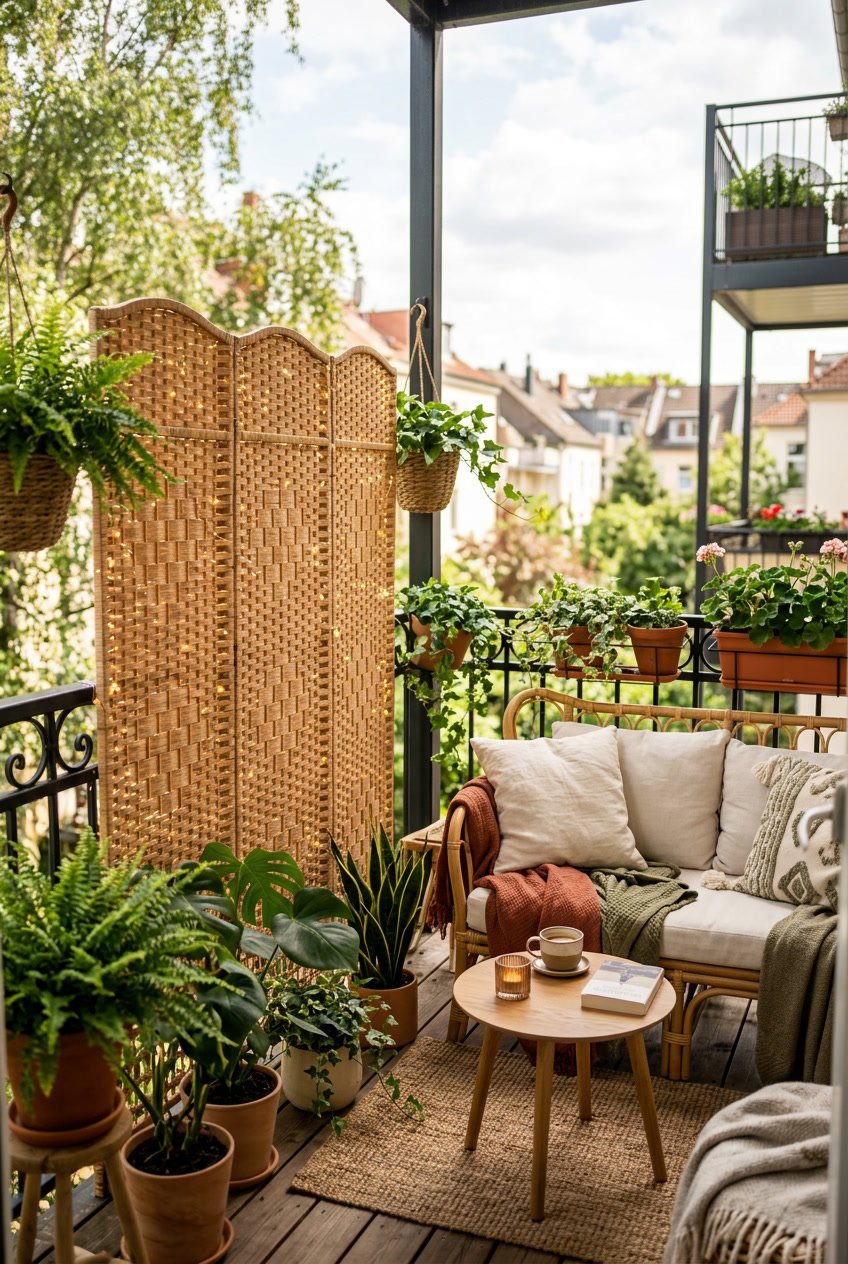Balkon mit Rattan Sichtschutz, Pflanzen und gemütlicher Atmosphäre.