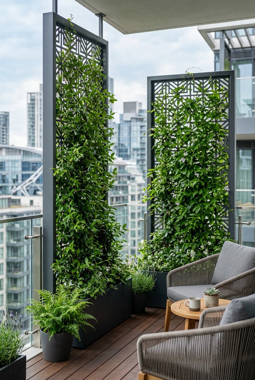 Balkon mit hohen Metall-Rankgittern und grünen Kletterpflanzen als Sichtschutz.