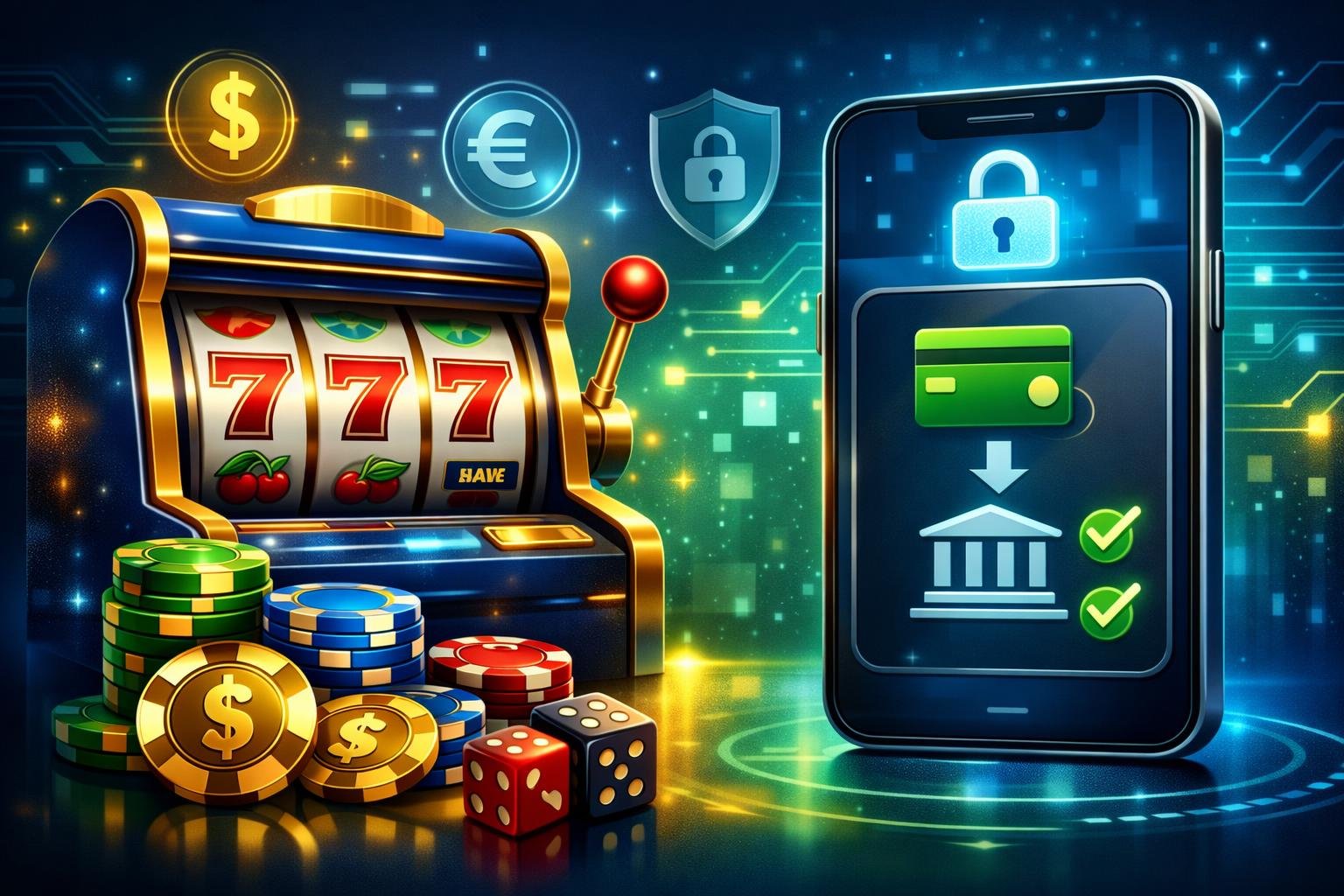 A Casino Scene With A Slot Machine, Poker Chips, And A Smartphone Displaying A Secure Payment Transaction.
