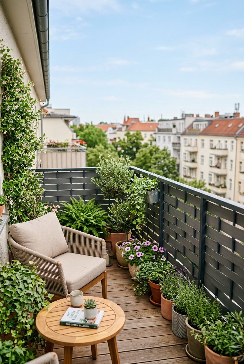Balkon mit PVC-Sichtschutzstreifen an einem Metallgeländer, umgeben von Pflanzen und Möbeln.