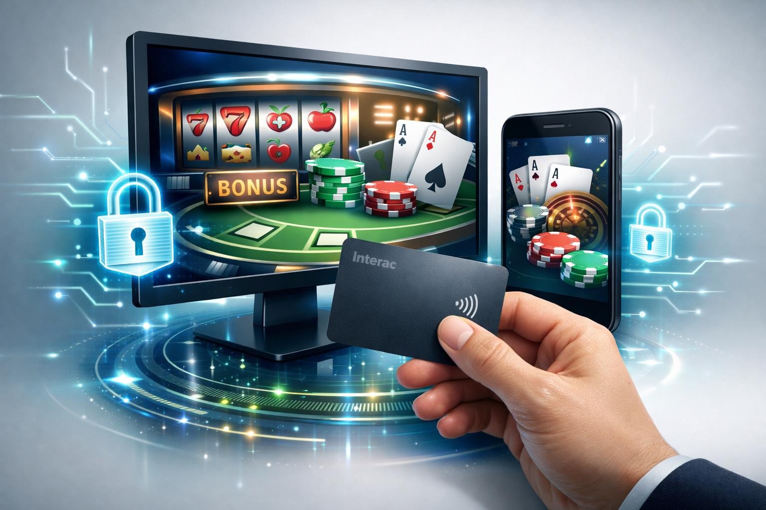 A Hand Holding A Payment Card Near A Computer And Smartphone Displaying Casino Games, Surrounded By Digital Symbols Representing Secure Online Payments.
