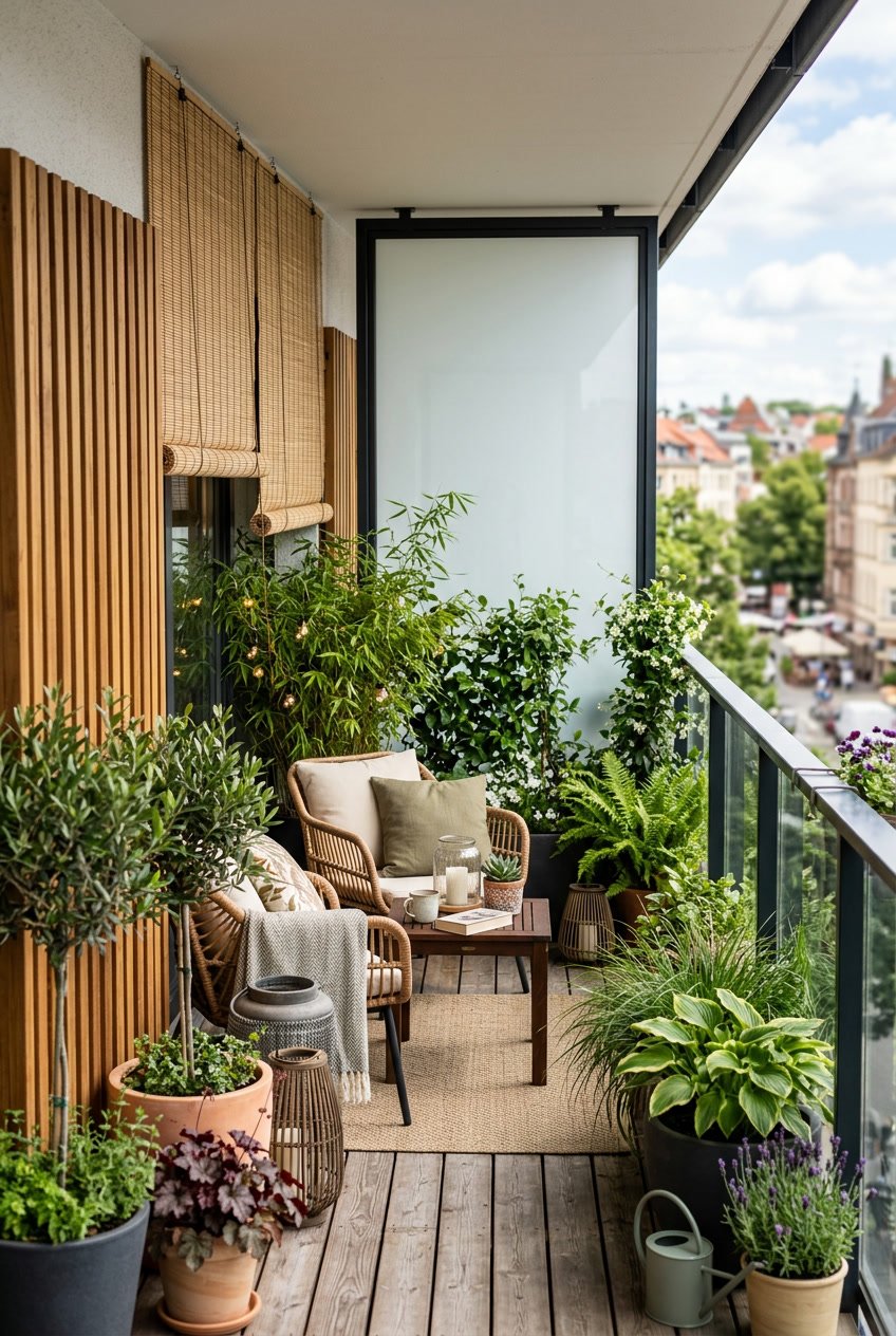 Ein moderner Balkon mit verschiedenen Sichtschutzlösungen wie Bambusmatten, Holzlatten, Glaswänden und grünen Pflanzen, der eine gemütliche und private Atmosphäre schafft.