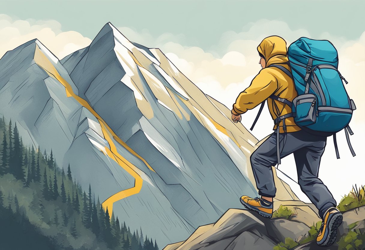 A digital Illustration of a backpacker climbing in the mountains