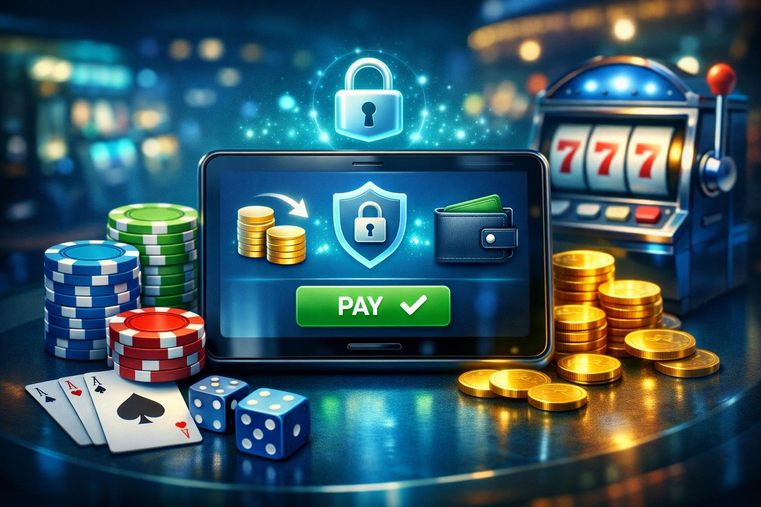 A Smartphone Showing A Secure Payment Interface Surrounded By Casino Elements Like Poker Chips And Playing Cards, Representing A Safe Online Casino Payment Method.