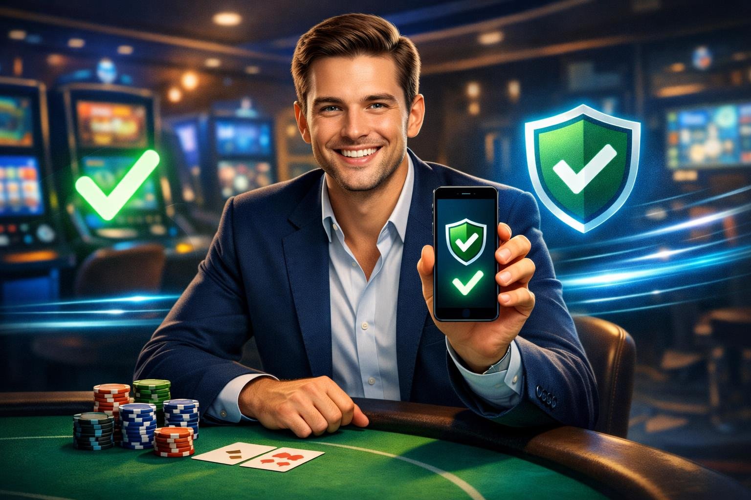 A Player At A Casino Table Using A Smartphone To Make A Secure Payment, Surrounded By Icons Representing Speed, Security, And Convenience.