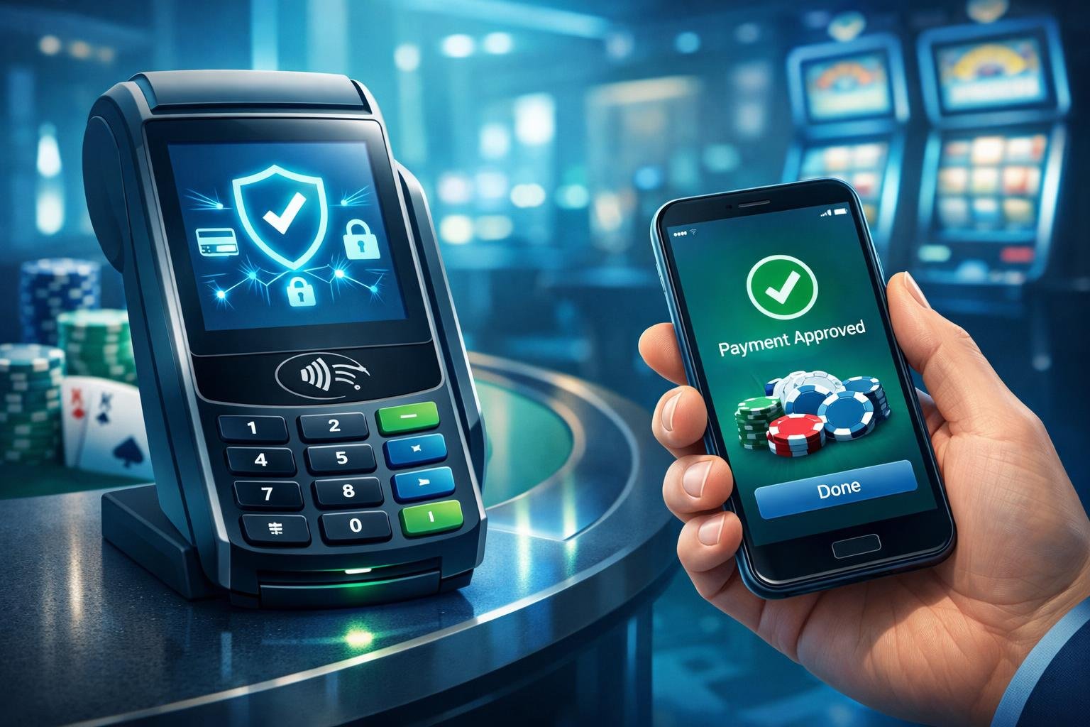 A Hand Holding A Smartphone Showing A Payment Confirmation Next To A Payment Terminal In A Casino Setting With Poker Chips And Slot Machines In The Background.