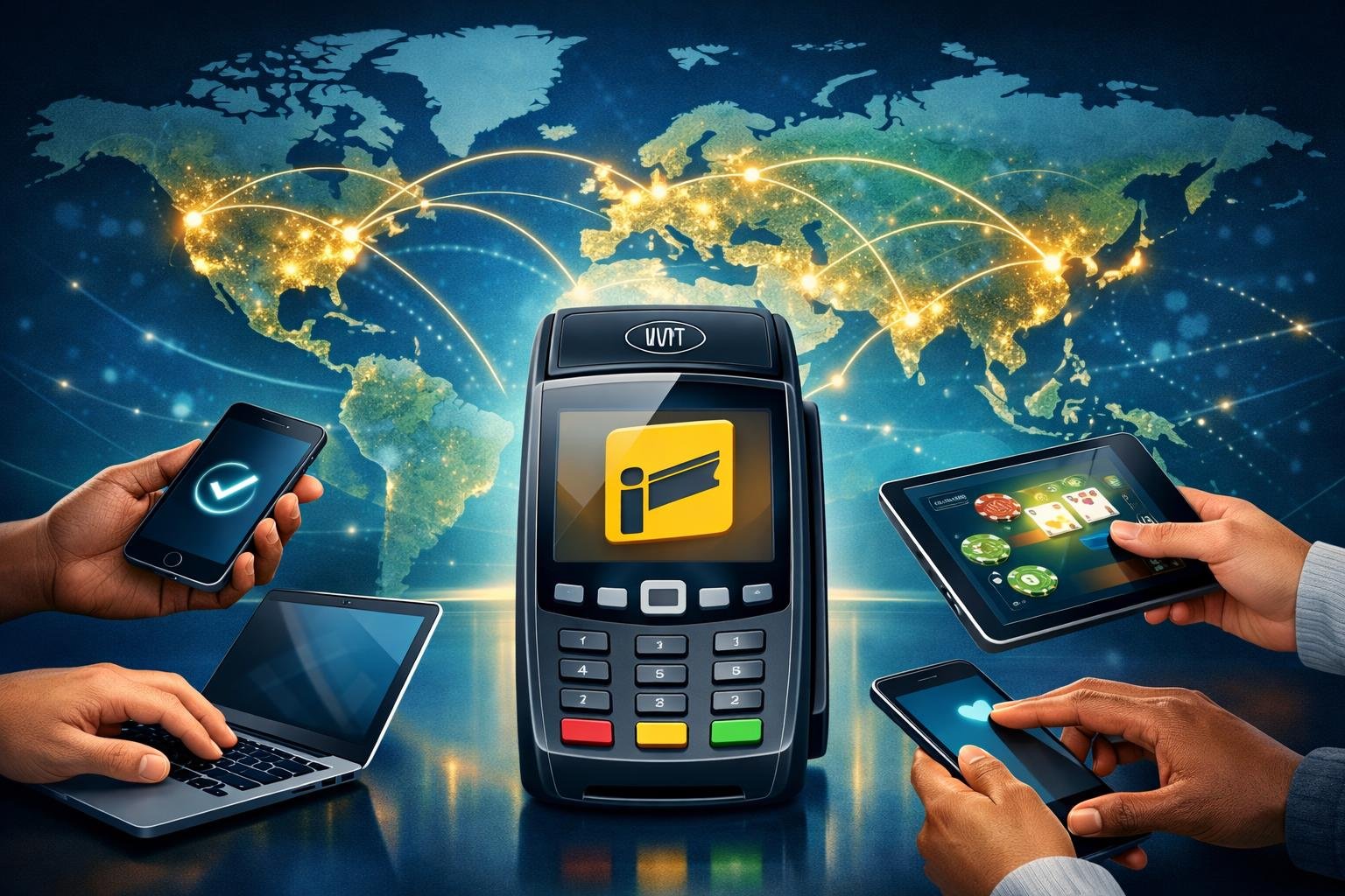 A Digital Payment Terminal With Diverse Hands Using Smartphones And Laptops, Set Against A World Map Showing Connected Cities To Represent Global Reach And Compatibility.