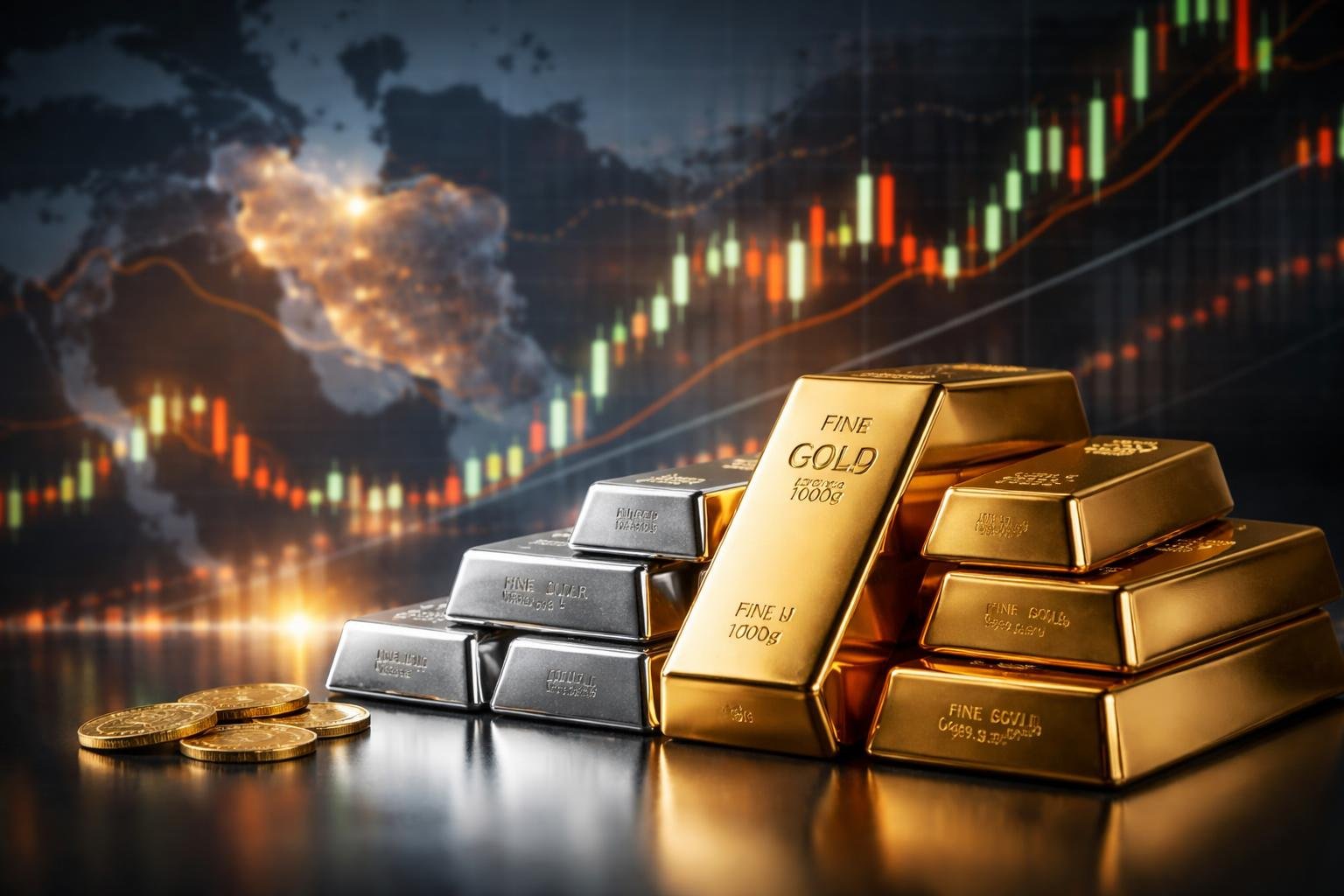 Close-up of gold and silver bars with a blurred financial chart and a faint map highlighting the Middle East in the background.