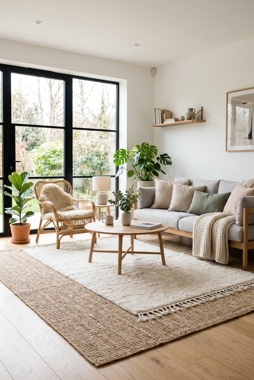 Gemütliches Wohnzimmer mit Woll- und Sisal-Teppichen auf dem Boden, Holzmöbeln und grünen Pflanzen.