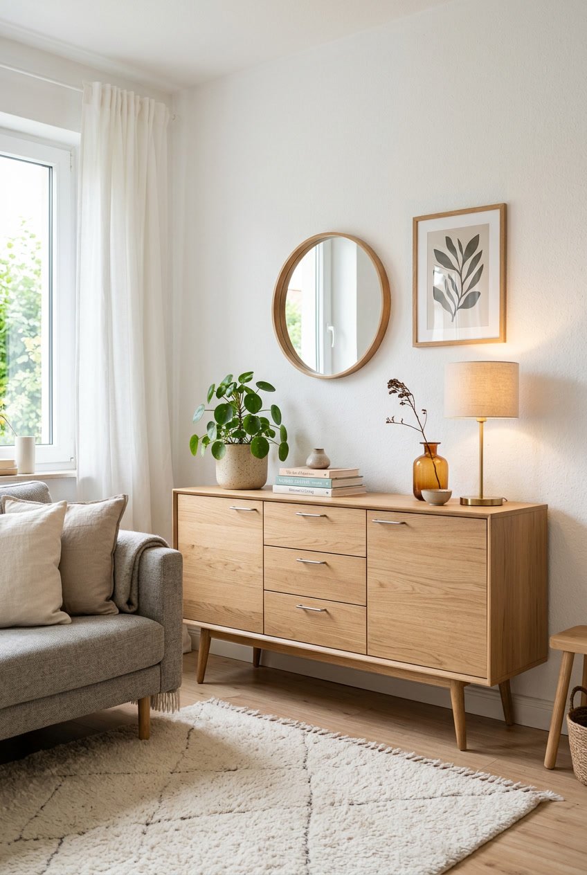 Ein Wohnzimmer mit einem minimalistischen Sideboard aus hellem Holz, dekoriert mit Pflanzen und Büchern, neben einem Sofa und einem Teppich, beleuchtet von natürlichem Licht.