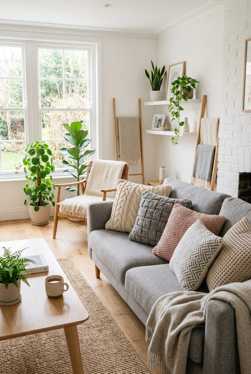 Gemütliches Wohnzimmer mit einem Sofa, auf dem Kissen mit Strickmuster und feiner Haptik liegen.